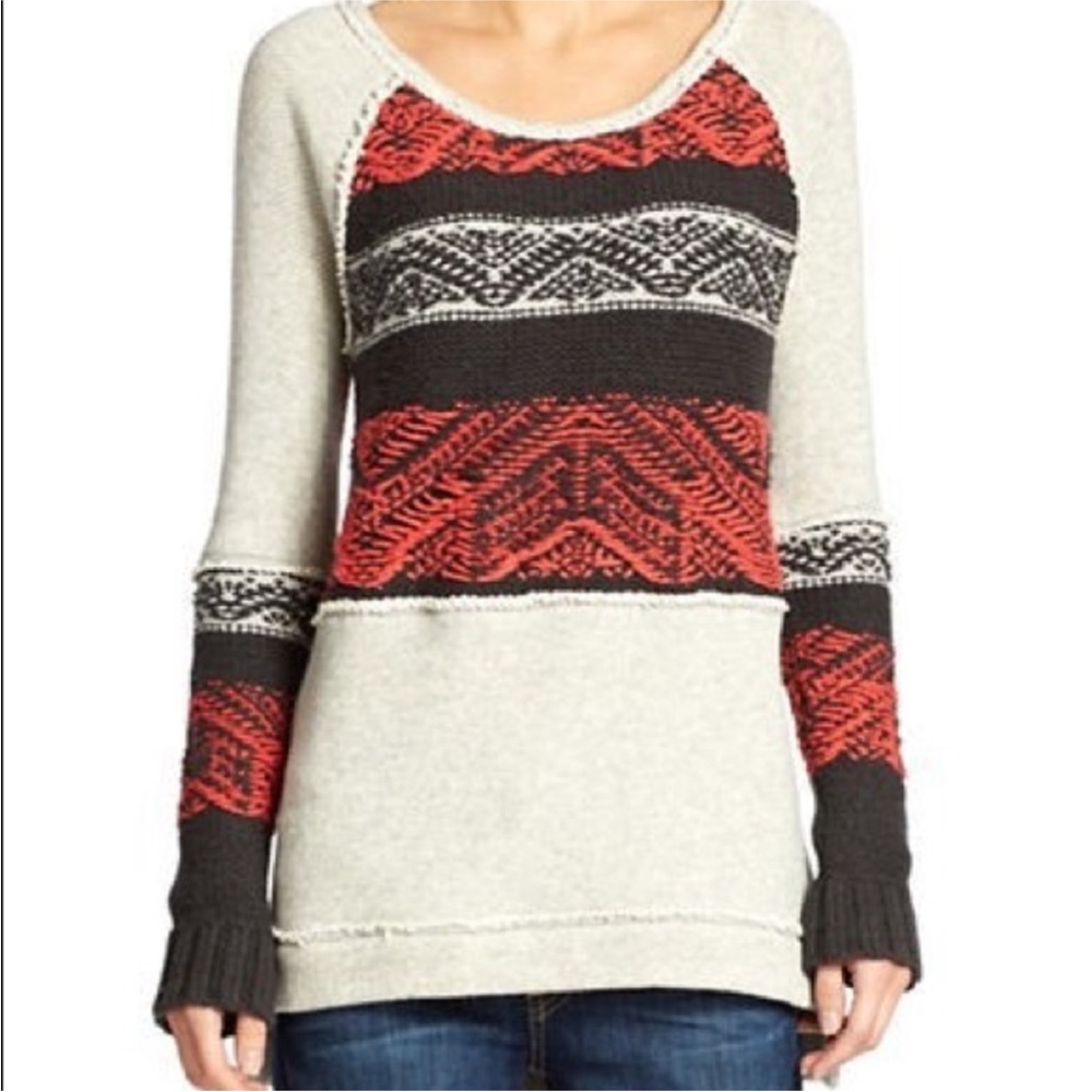 Free People Snow Angel sweater Black Red Angora Crew Neck Nordic Design size XS